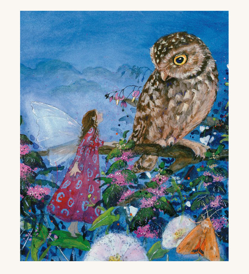 A page from Little Fairy Can't Sleep by Daniela Drescher. The fairy is in a red and blue dress, and is in a tree with an owl looking down to the fairy