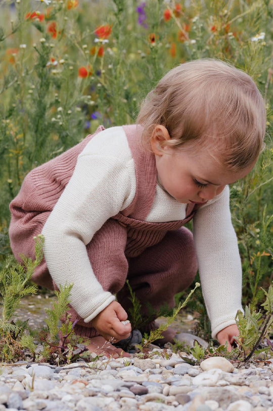 Young Child wearing merino knitted Disana dungarees, outdoors among wild flowers 