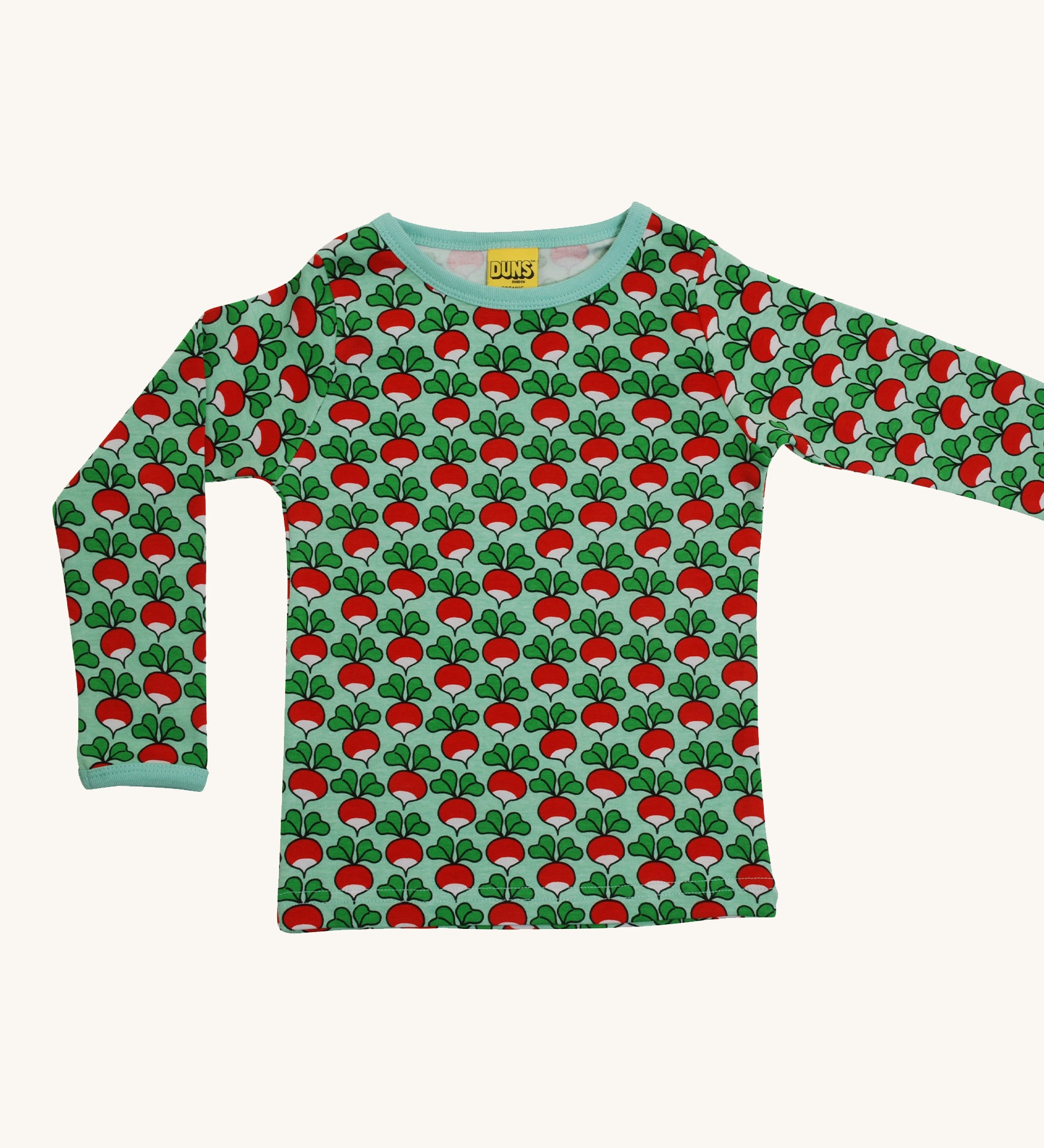 DUNS iconic Radish Scandi all-over print, with a light sea foam green background and cuffs