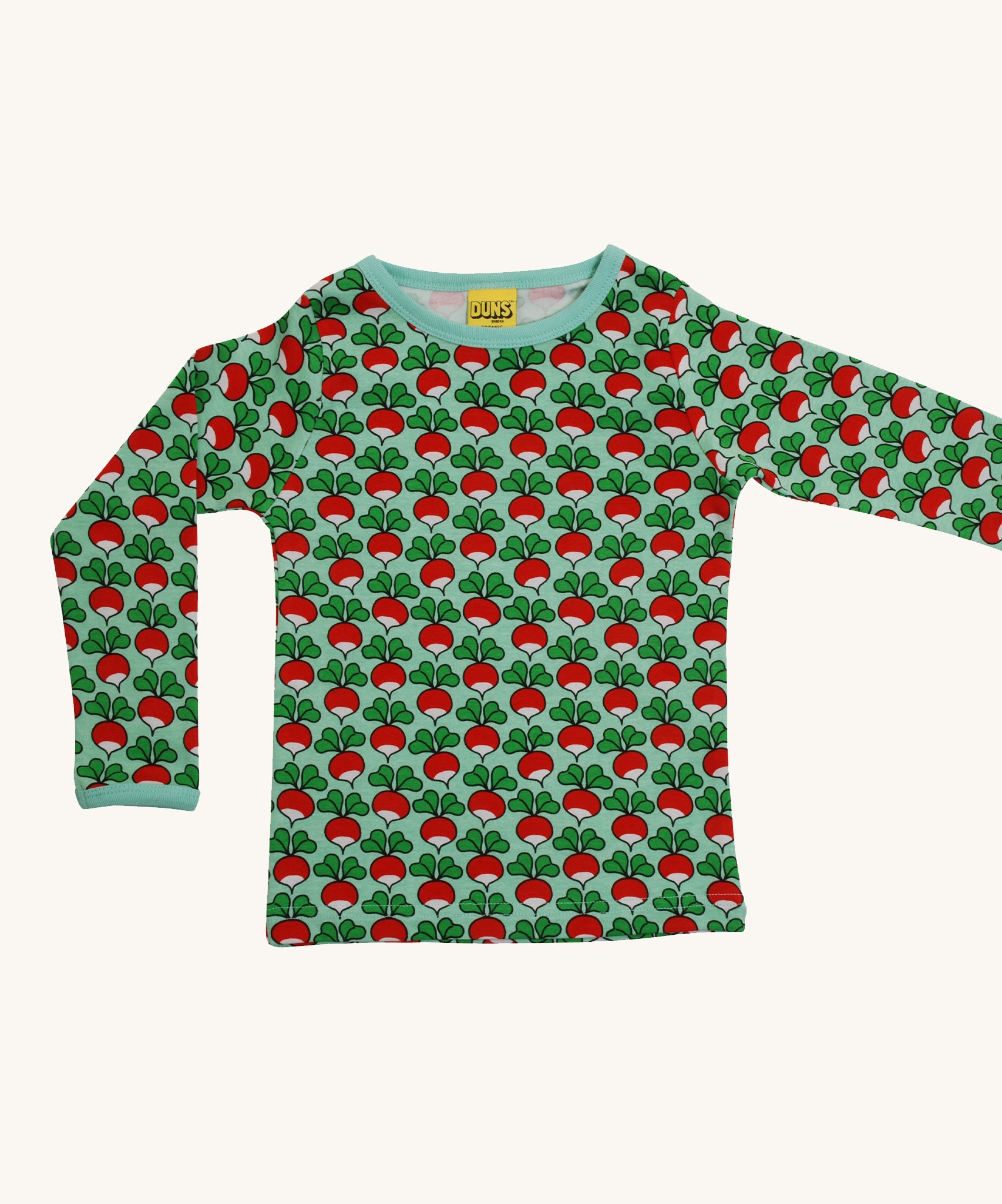 DUNS iconic Radish Scandi all-over print, with a light sea foam green background and cuffs