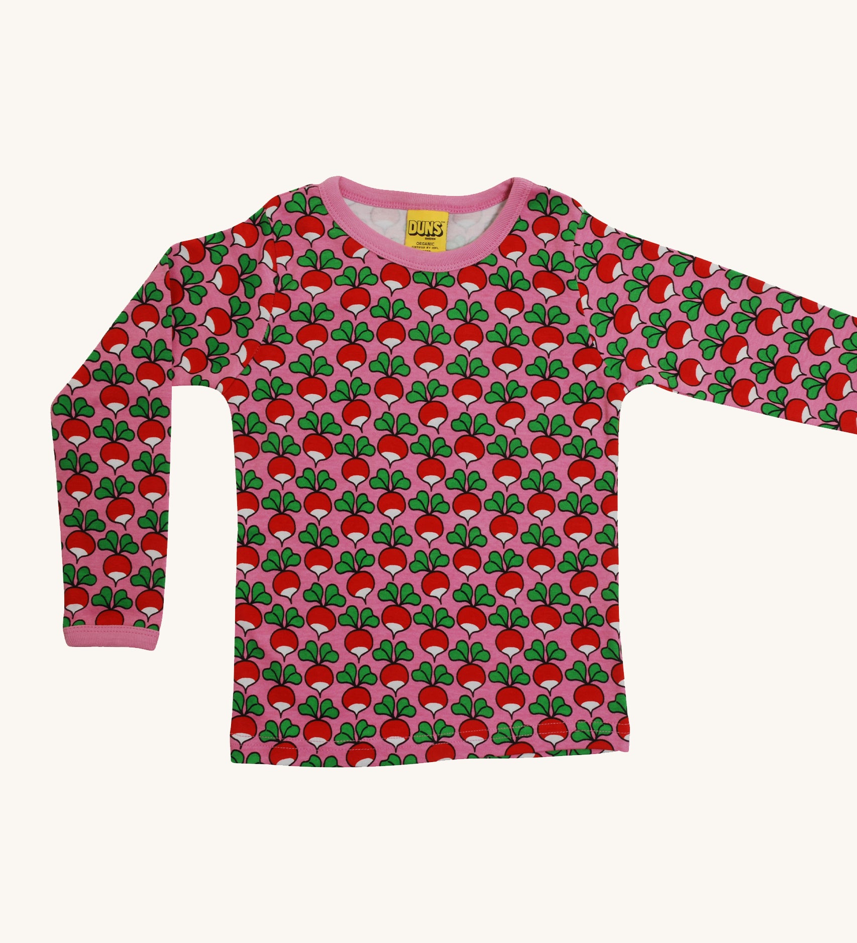 DUNS iconic Radish Scandi all-over print, with a lovely pink background and cuffs