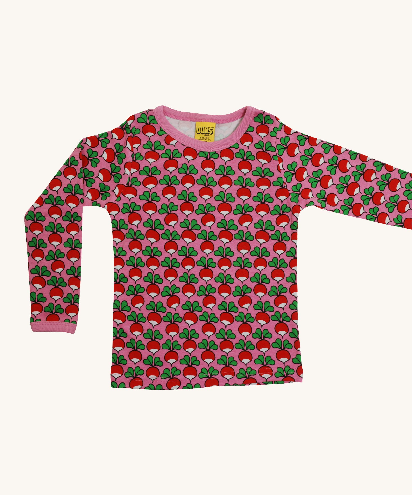 DUNS iconic Radish Scandi all-over print, with a lovely pink background and cuffs