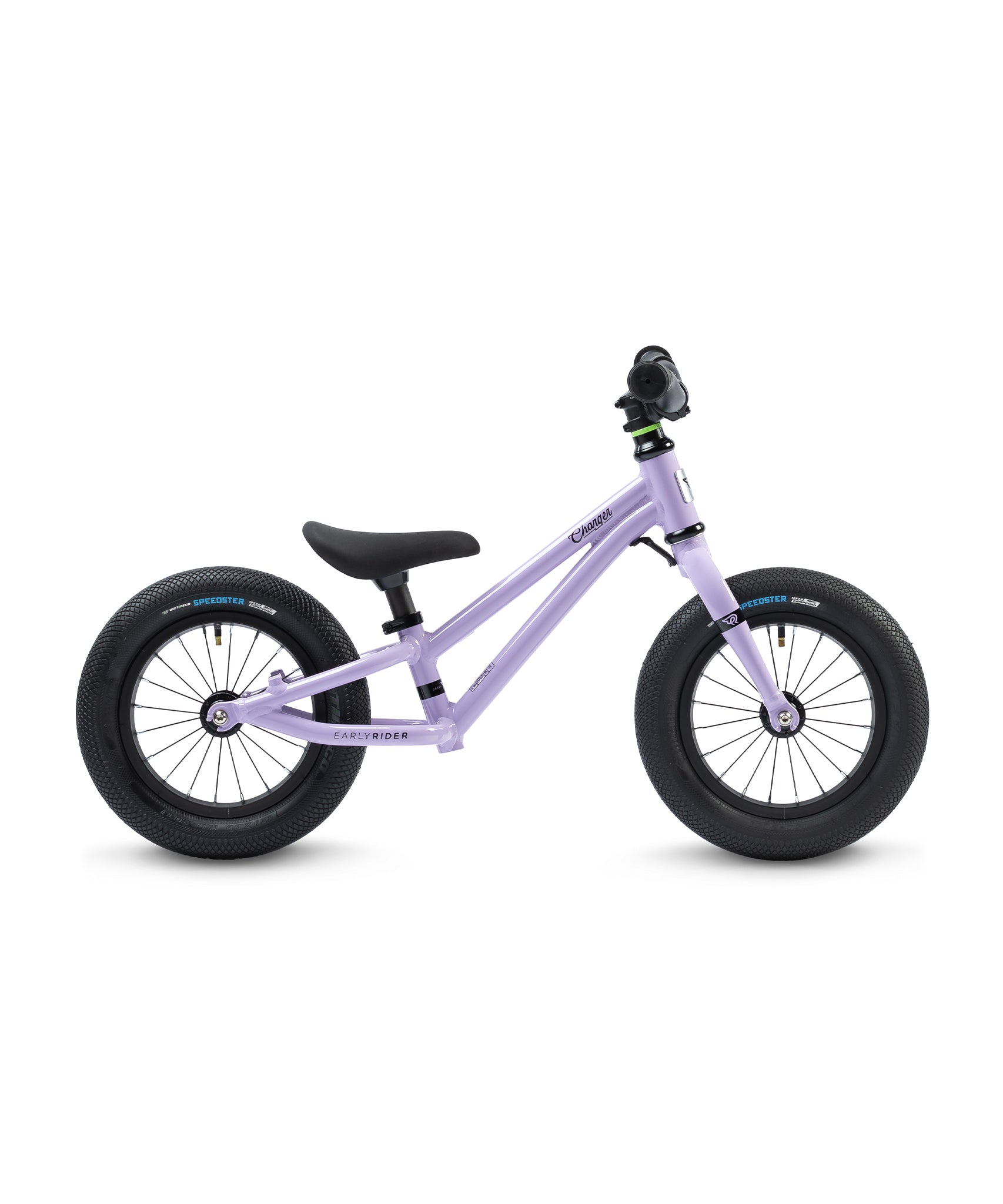 A side view of the Early Rider Charger Balance Bike - Violet Haze, showing the purple fame and the thickness of the black wheels 