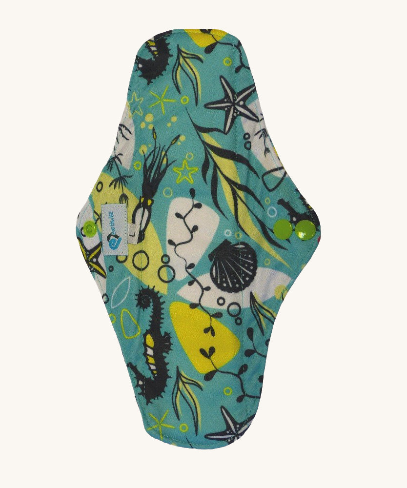 Earthwise long reusable pad in under the sea print on blue.