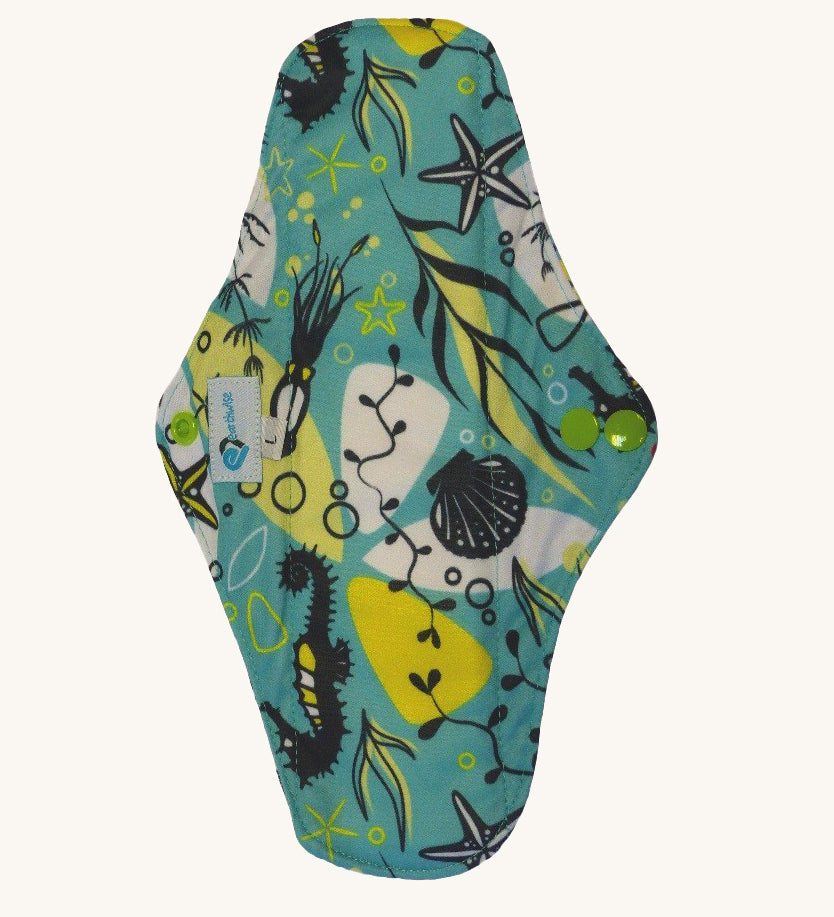 Earthwise long reusable pad in under the sea print on blue.