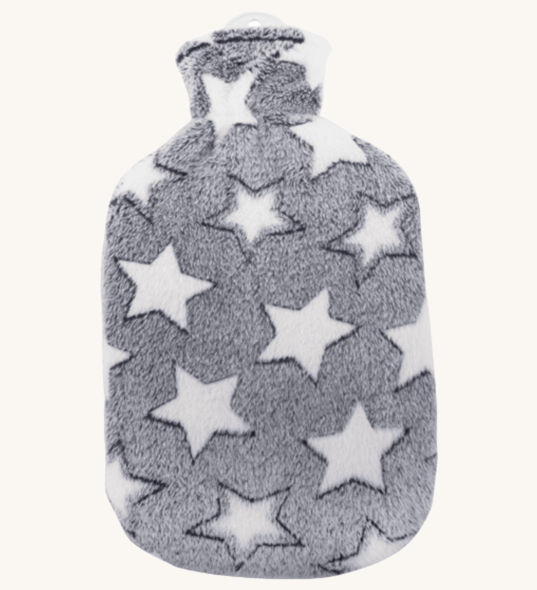 Ecoliving Natural Rubber Hot Water Bottle - Stella, has a super soft and snuggly plush cover in grey with a pattern of large white stars. The image is on a cream background