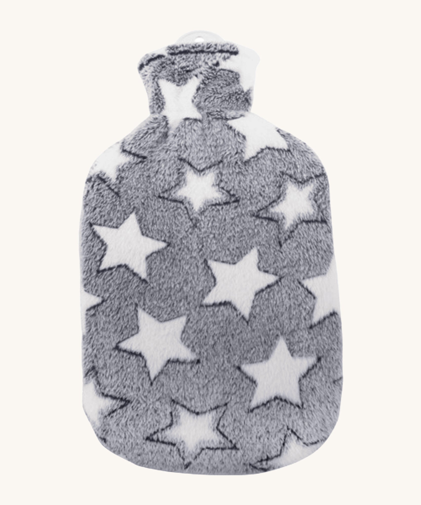 Ecoliving Natural Rubber Hot Water Bottle - Stella, has a super soft and snuggly plush cover in grey with a pattern of large white stars. The image is on a cream background