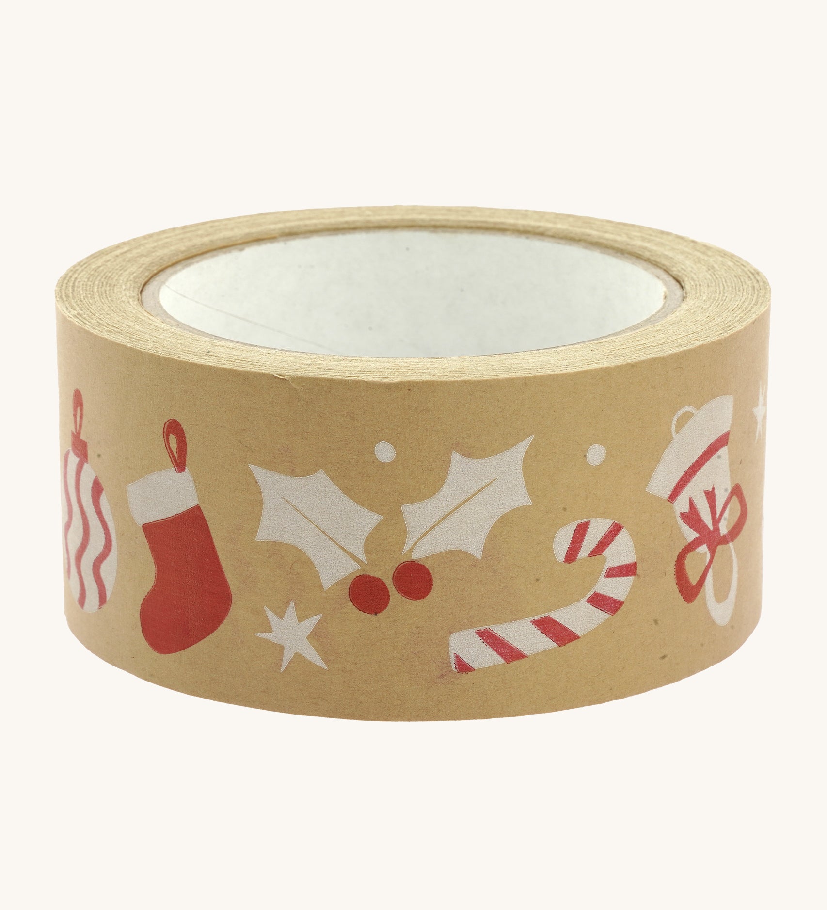 Babipur wide kraft eco paper tape in the Christmas decorations print on a cream background