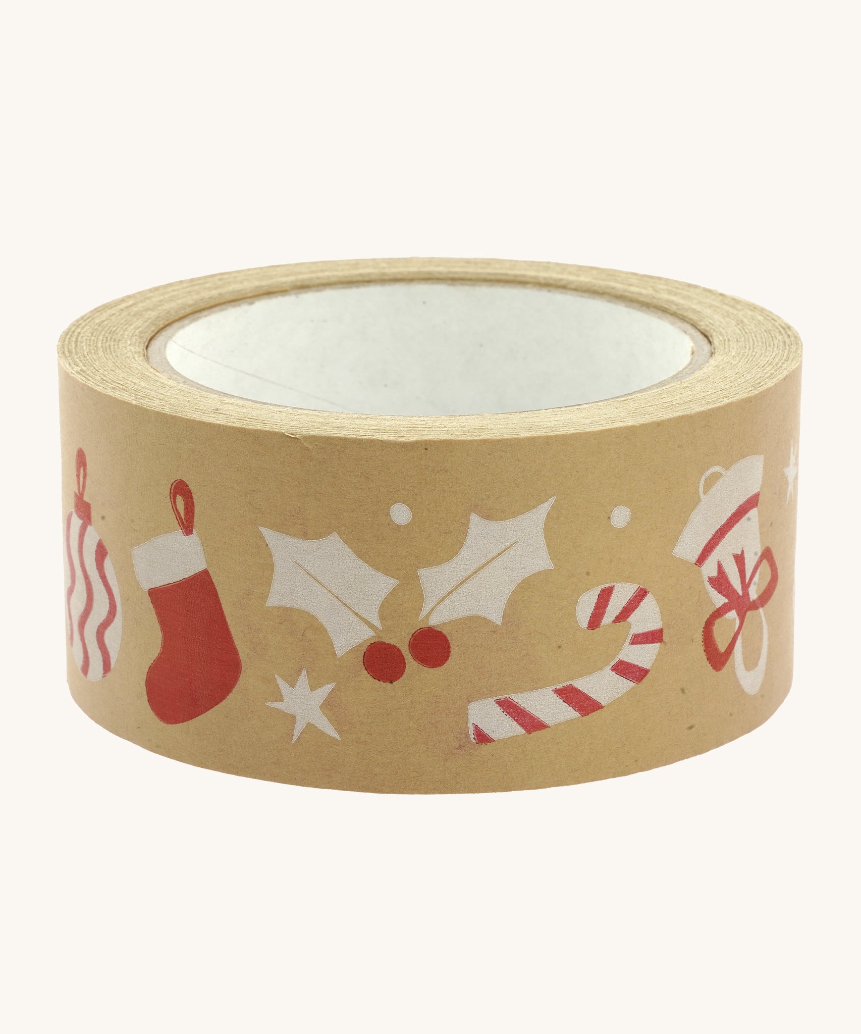 Babipur wide kraft eco paper tape in the Christmas decorations print on a cream background