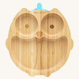 Eco Rascals Owl Bamboo Suction Plate with a blue silicone suction base.