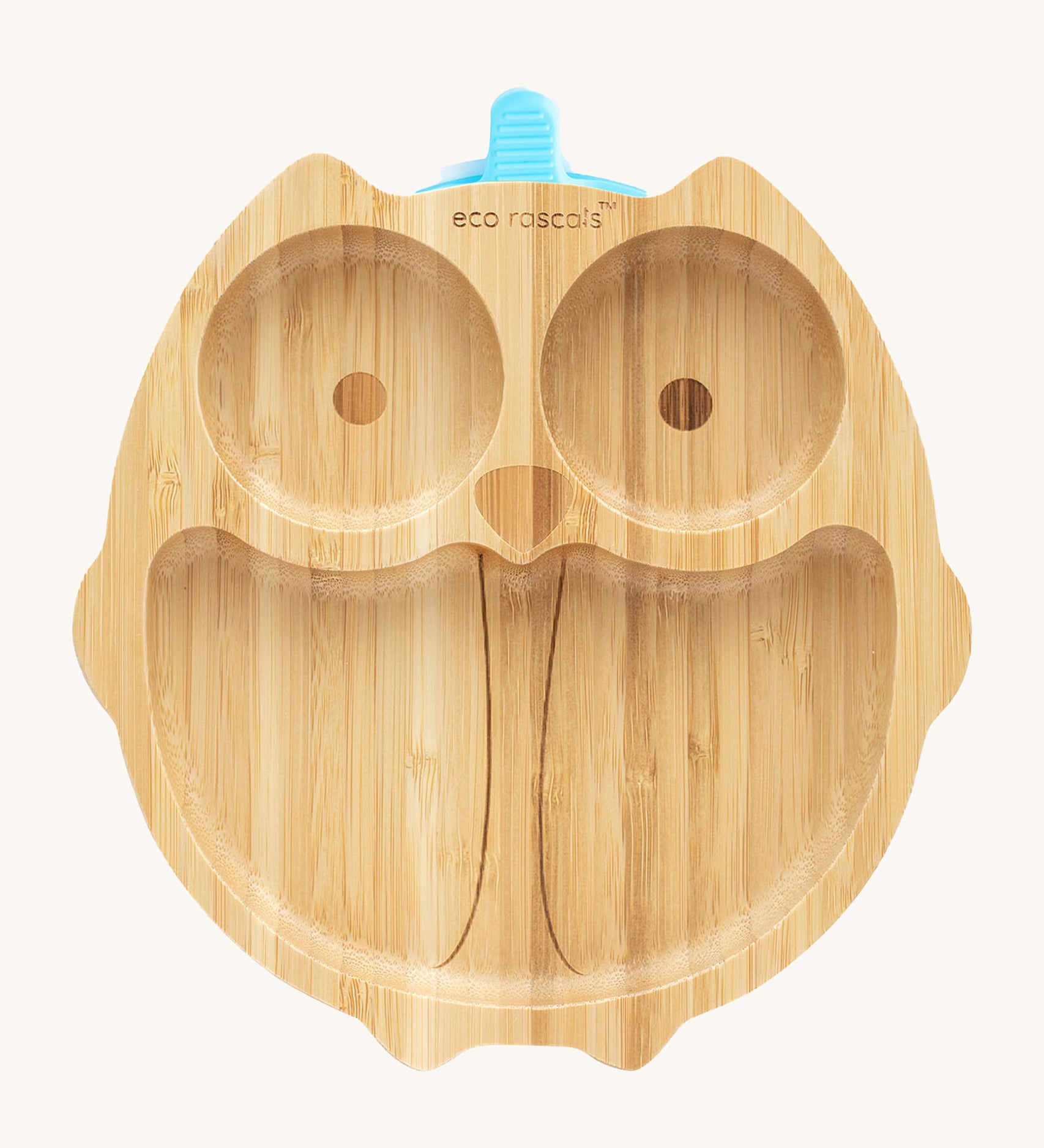 Eco Rascals Owl Bamboo Suction Plate with a blue silicone suction base.