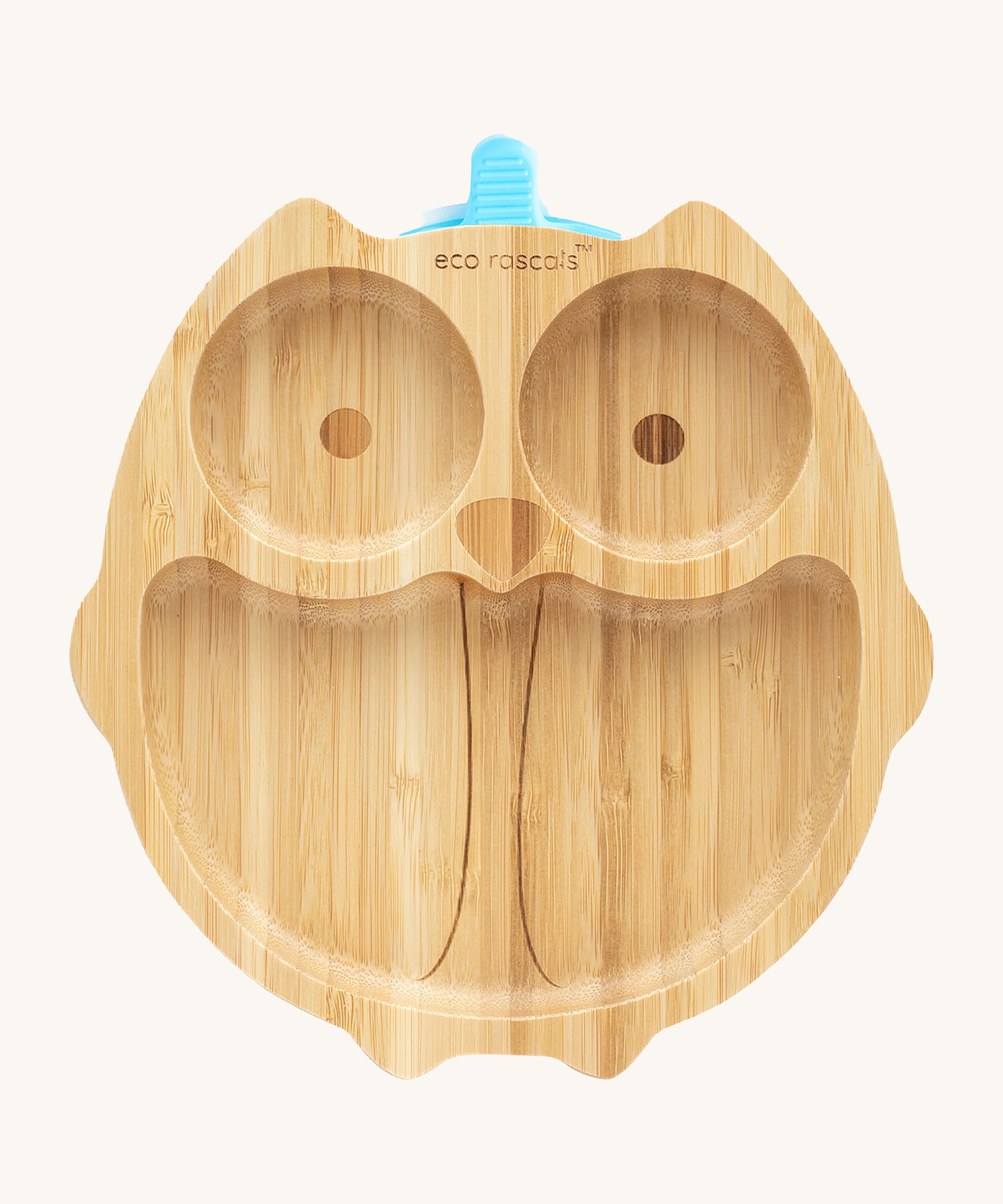 Eco Rascals Owl Bamboo Suction Plate with a blue silicone suction base.