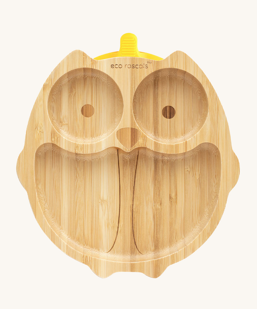 Eco Rascals Owl Bamboo Suction Plate with a yellow silicone suction base.