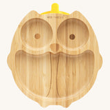 Eco Rascals Owl Bamboo Suction Plate with a yellow silicone suction base.