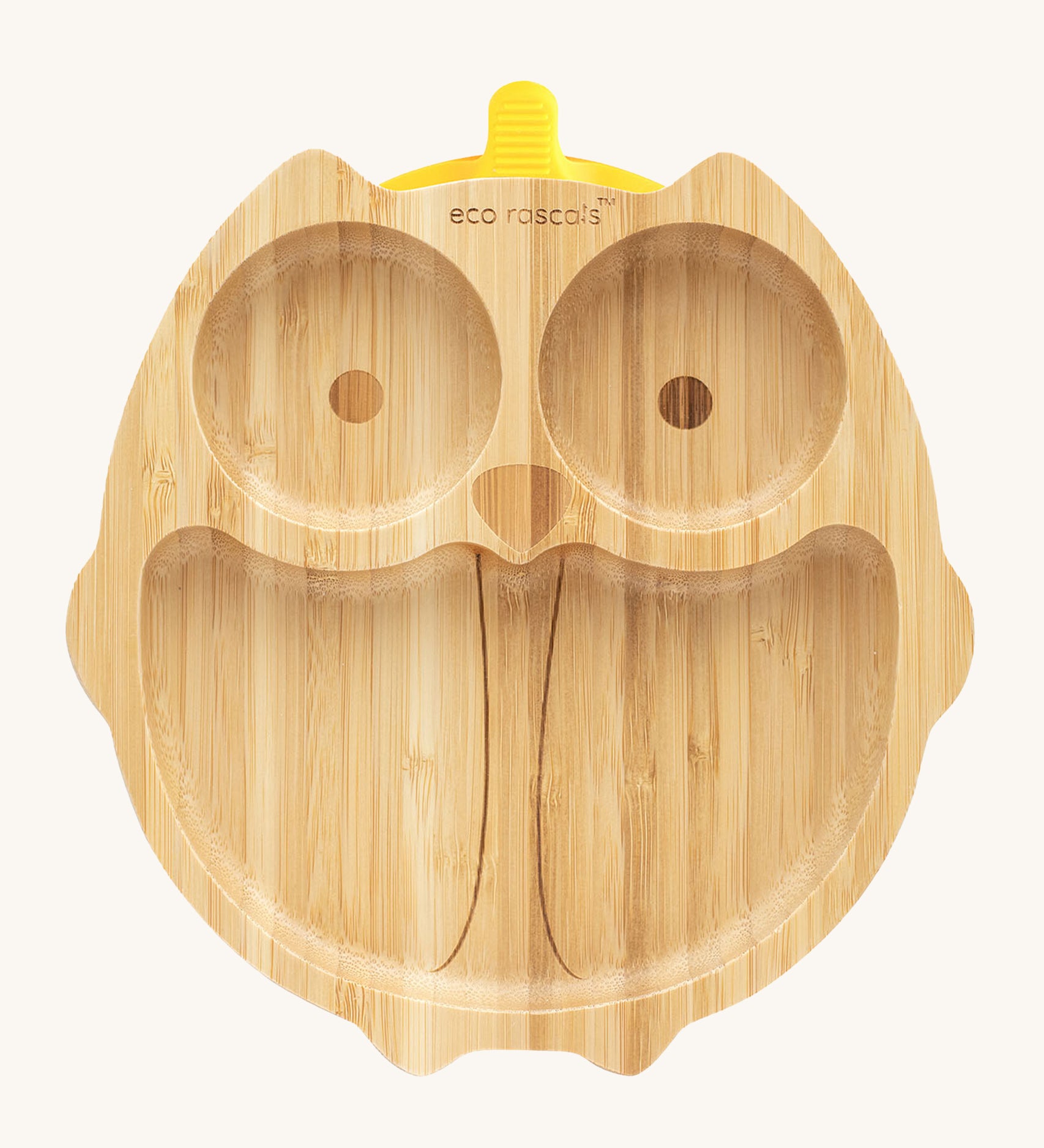 Eco Rascals Owl Bamboo Suction Plate with a yellow silicone suction base.