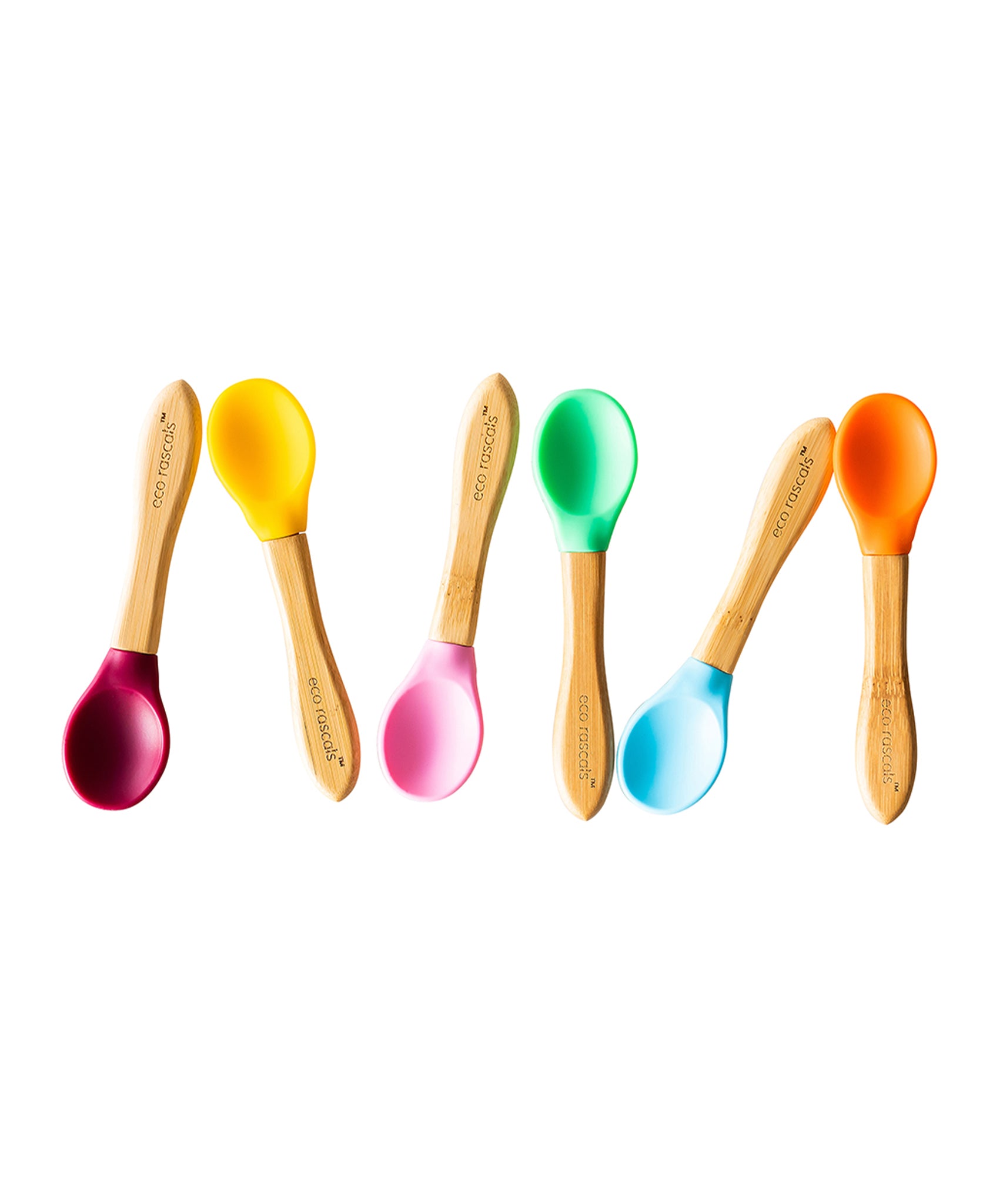 Eco Rascals Baby Spoons, lined up head to tail in 6 different silicone colours. 