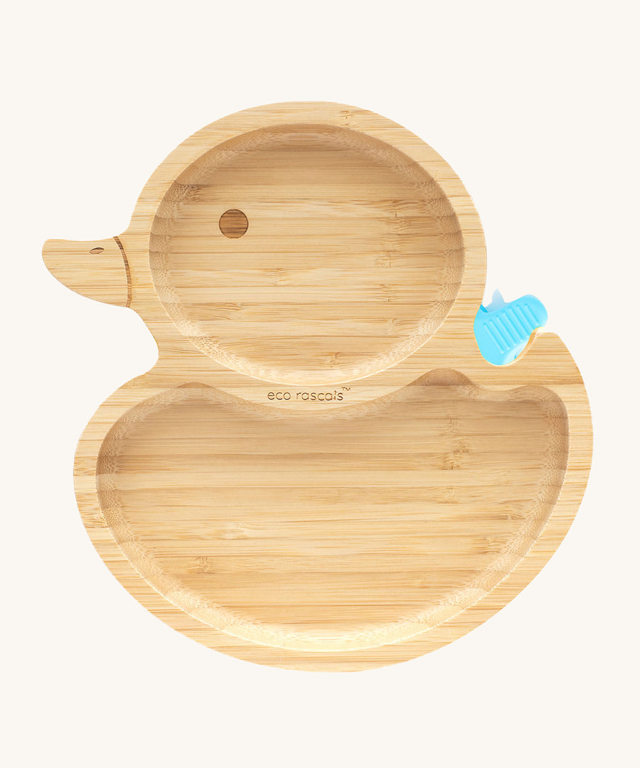 Eco Rascals Duck Bamboo Suction Plate with a blue silicone suction base.