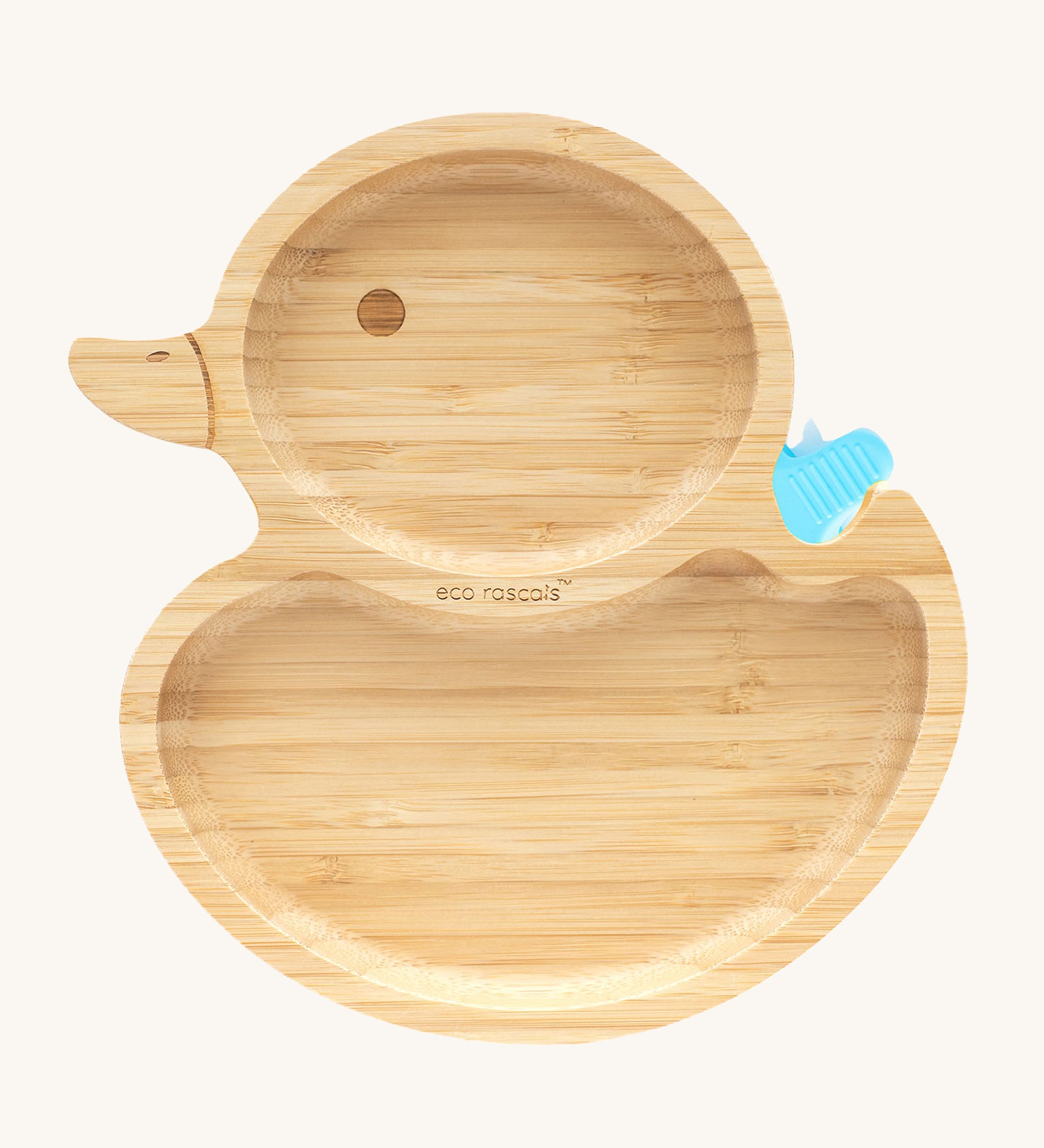 Eco Rascals Duck Bamboo Suction Plate with a blue silicone suction base.