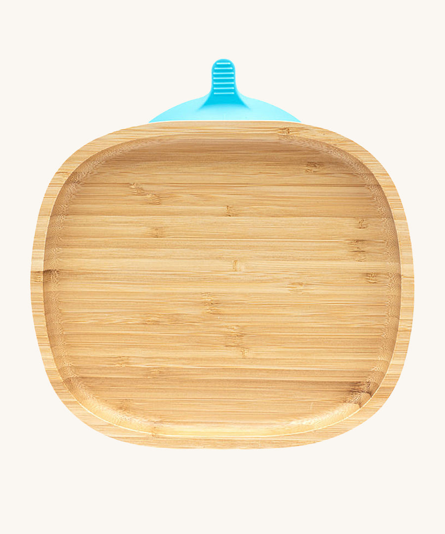 Eco Rascals Rectangle Bamboo Suction Plate, a natural bamboo baby weaning plate with blue silicone suction base.