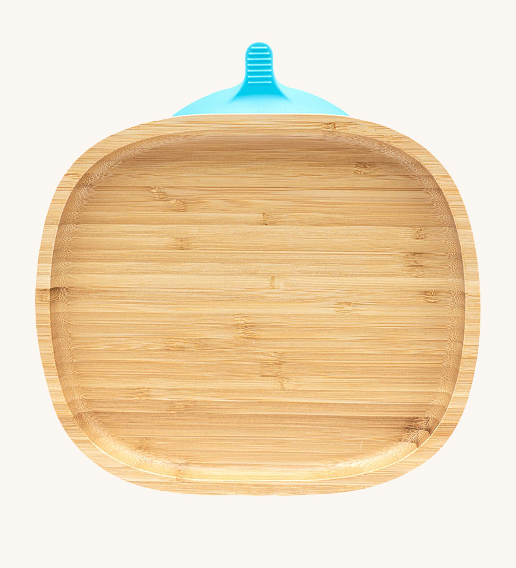 Eco Rascals Rectangle Bamboo Suction Plate, a natural bamboo baby weaning plate with blue silicone suction base.