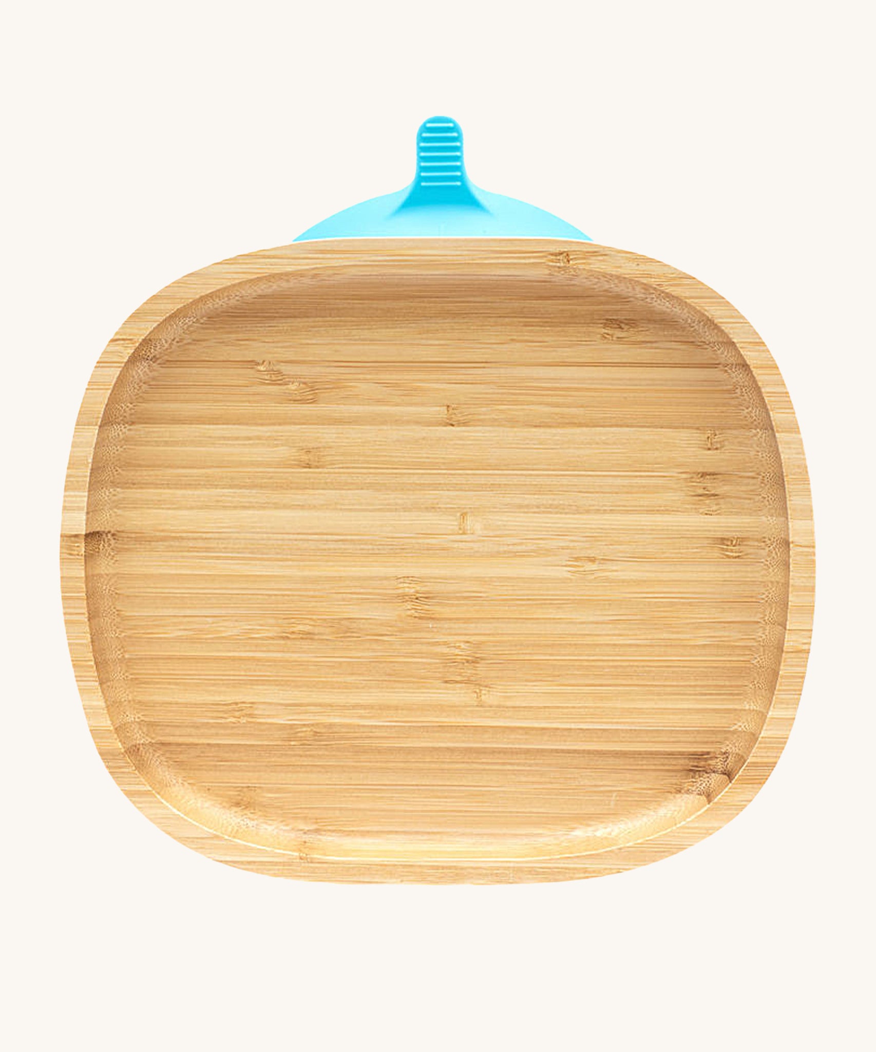 Eco Rascals Rectangle Bamboo Suction Plate, a natural bamboo baby weaning plate with blue silicone suction base.