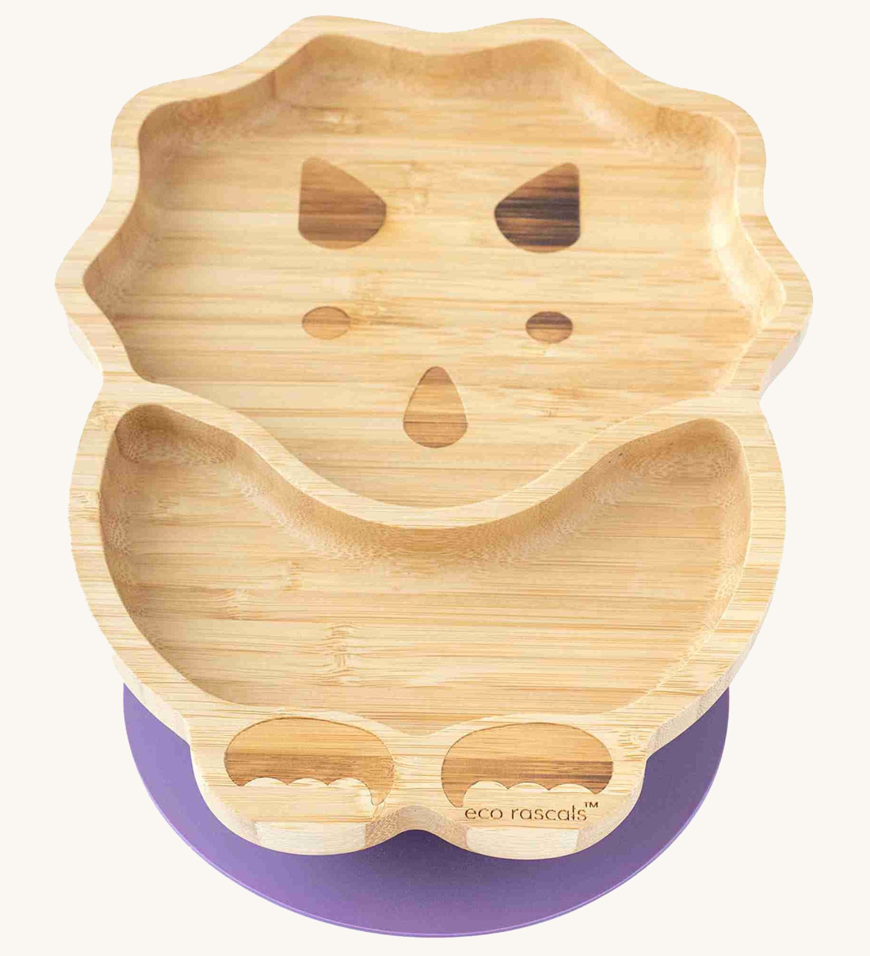 Eco Rascals Dinosaur Bamboo Suction Plate with a purple suction base.