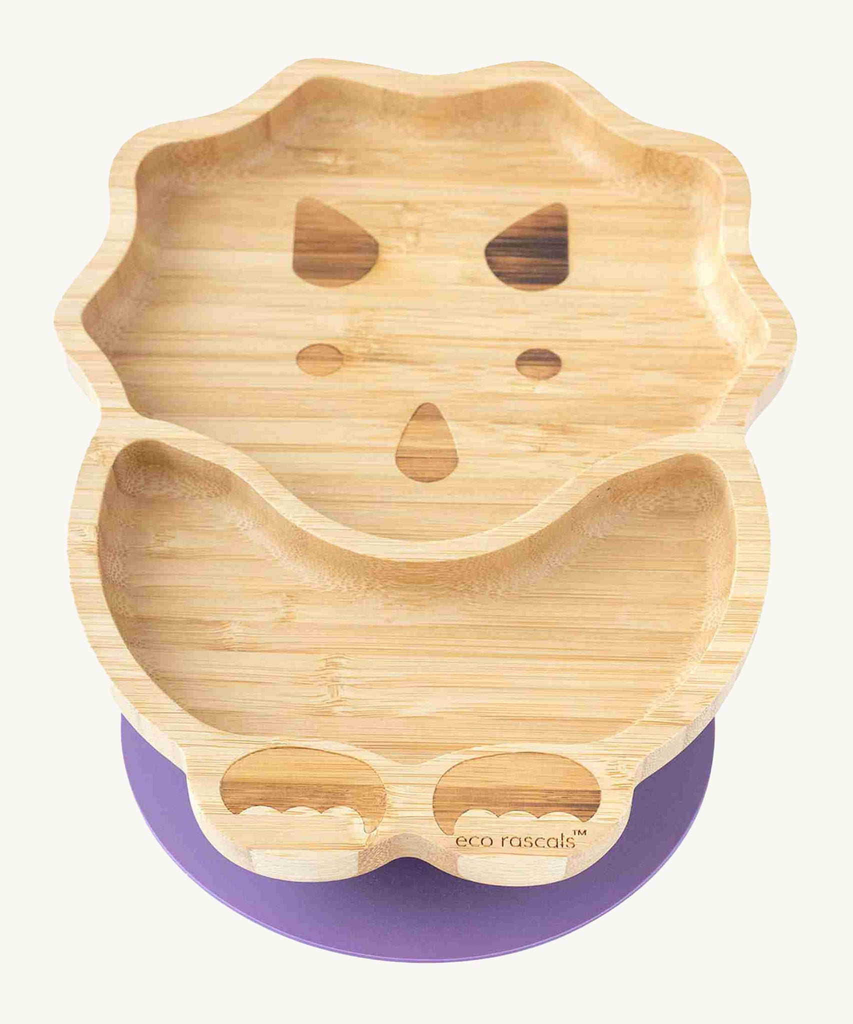 Eco Rascals Dinosaur Bamboo Suction Plate with a purple suction base.