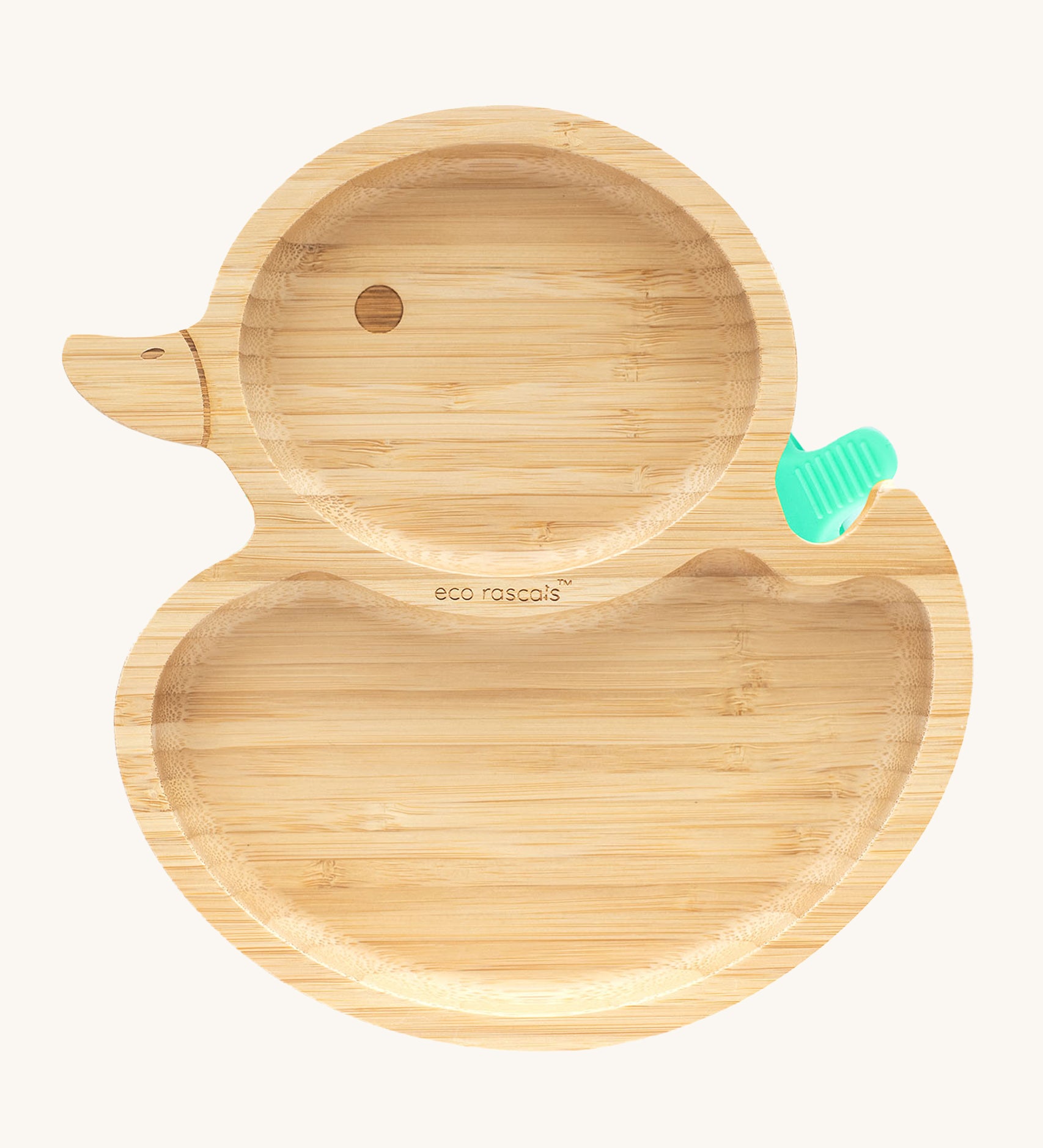 Eco Rascals Duck Bamboo Suction Plate with a green silicone suction base. 