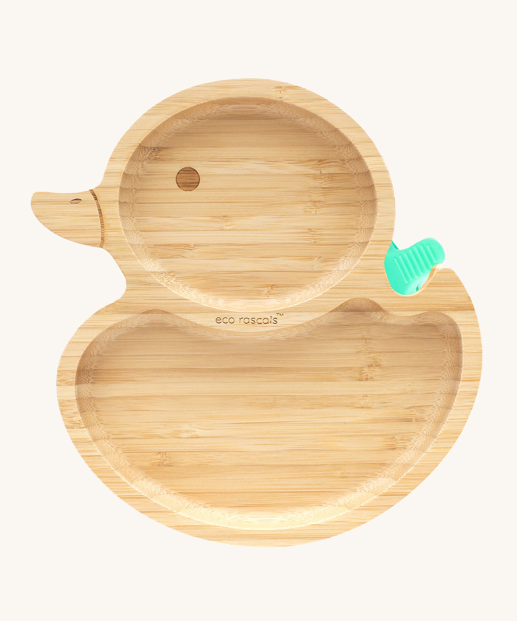 Eco Rascals Duck Bamboo Suction Plate with a green silicone suction base. 