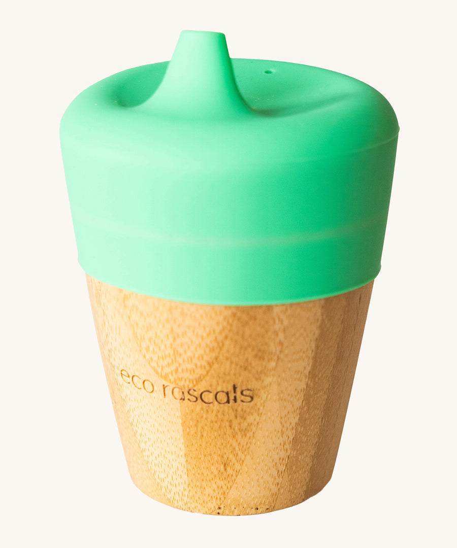 Eco Rascals Bamboo Sippy Cup with a mint green sippy lid.