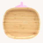 Eco Rascals Rectangle Bamboo Suction Plate, a natural bamboo baby weaning plate with pink silicone suction base.