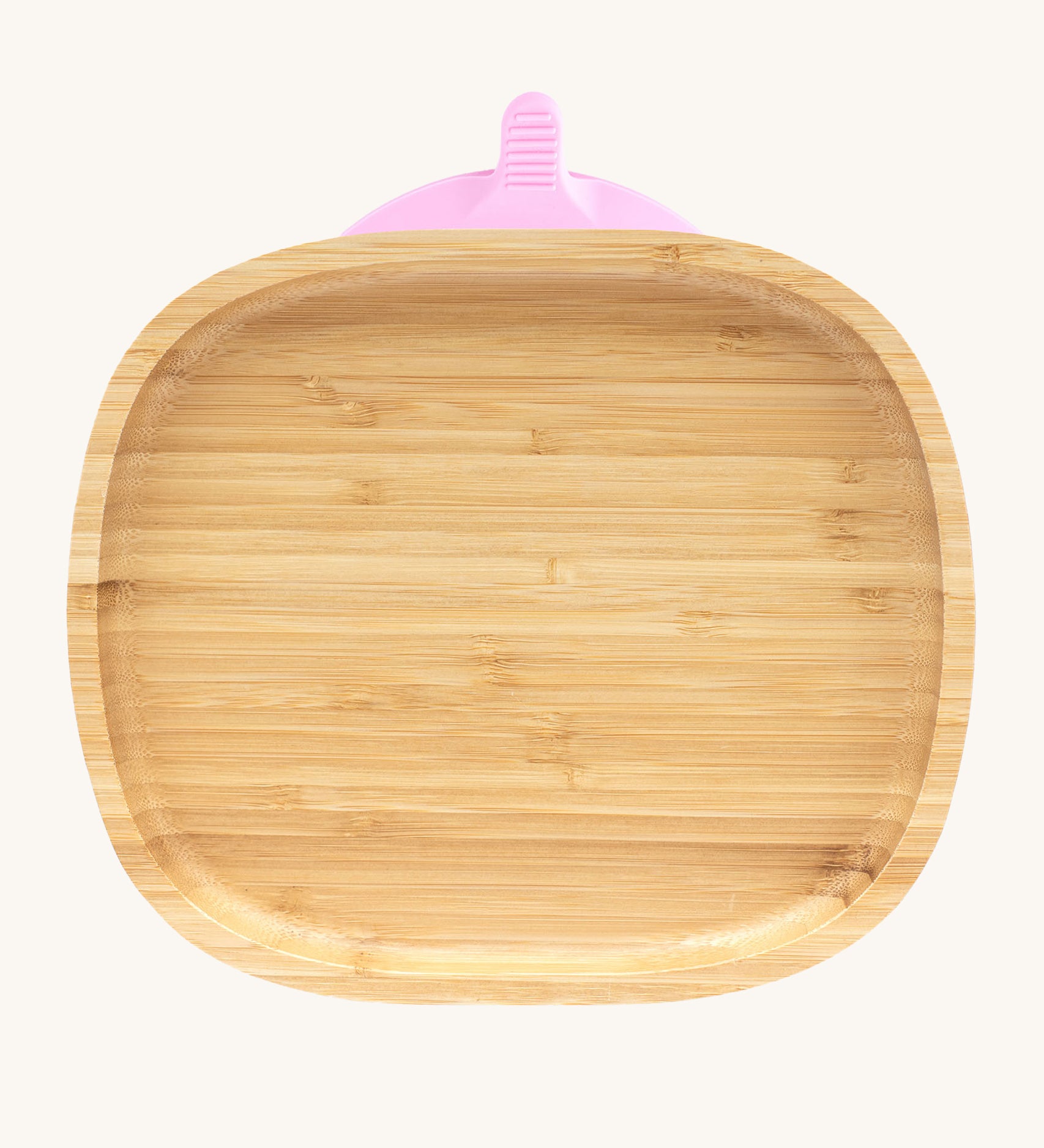 Eco Rascals Rectangle Bamboo Suction Plate, a natural bamboo baby weaning plate with pink silicone suction base.