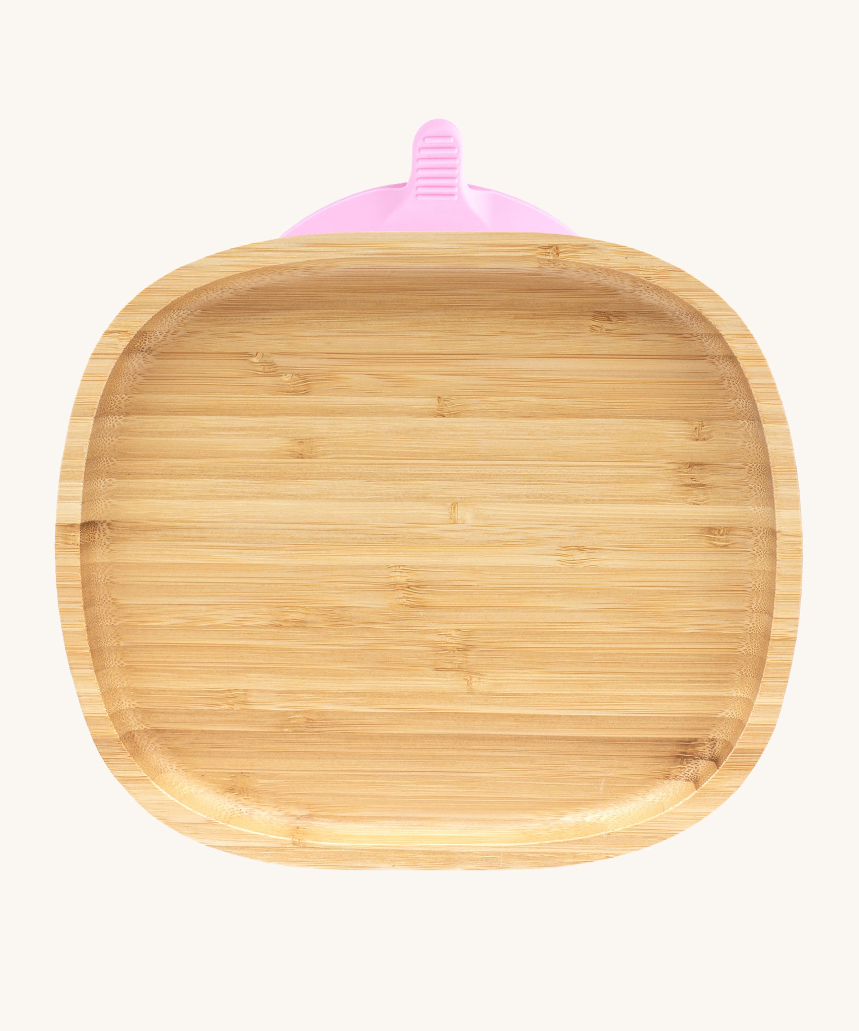 Eco Rascals Rectangle Bamboo Suction Plate, a natural bamboo baby weaning plate with pink silicone suction base.