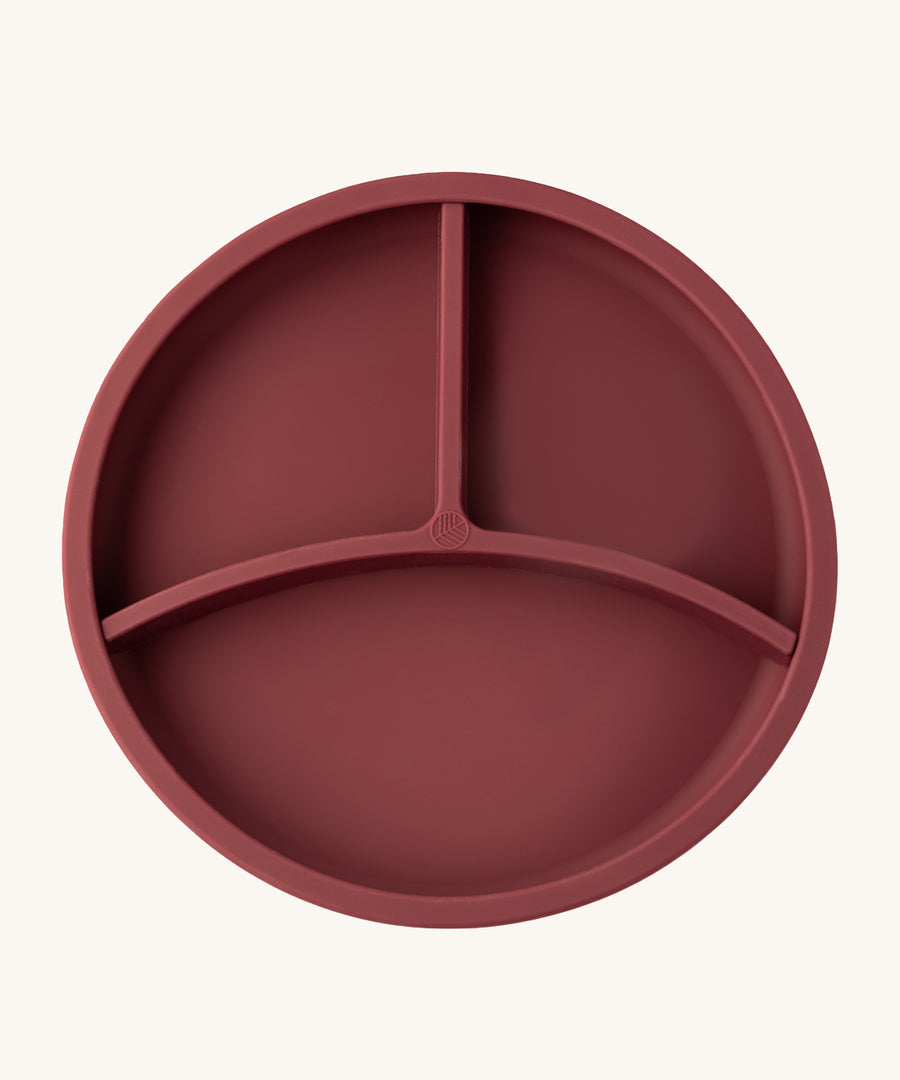 Eco Rascals Silicone Baby Plate in burgundy with removable divider. 