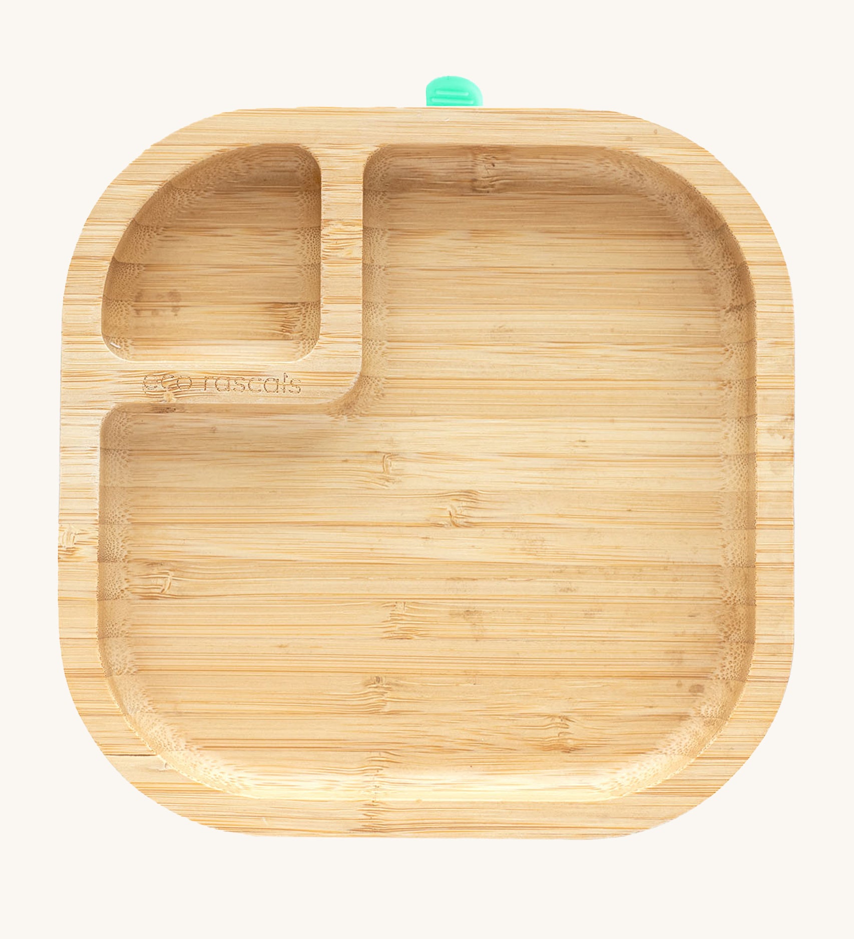 Eco Rascals Natural Bamboo Square Plate with two food sections, with super suction cup. On a cream background