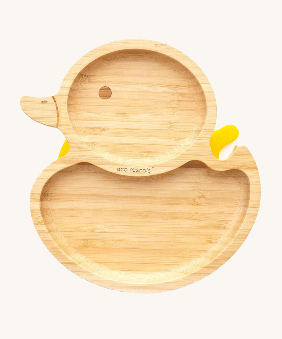 Eco Rascals Duck Bamboo Suction Plate with a yellow silicone suction base. 