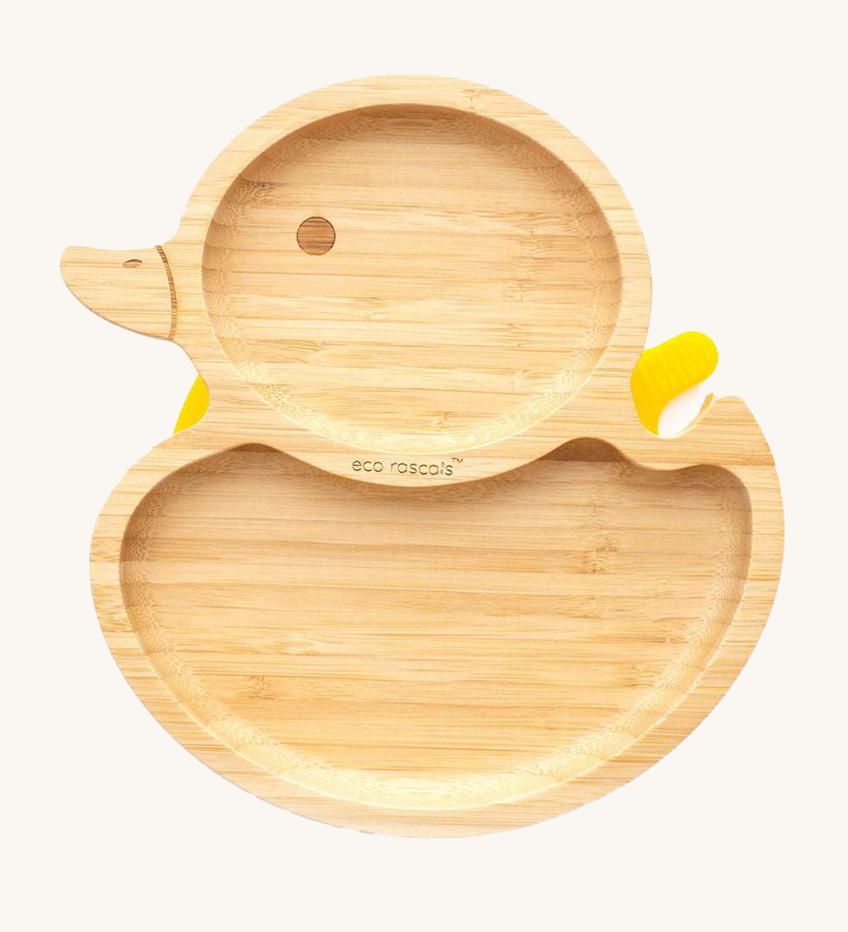 Eco Rascals Duck Bamboo Suction Plate with a yellow silicone suction base. 