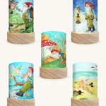 The George The Gnome Illustration Set by Eentje Van Margo, featuring 5 different Toverlux Magic Lantern Silhouettes which are: Gnome Spring, Gnome Summer, Gnome Sea, Gnome Autumn, Gnome Winter. The image is on a cream background.