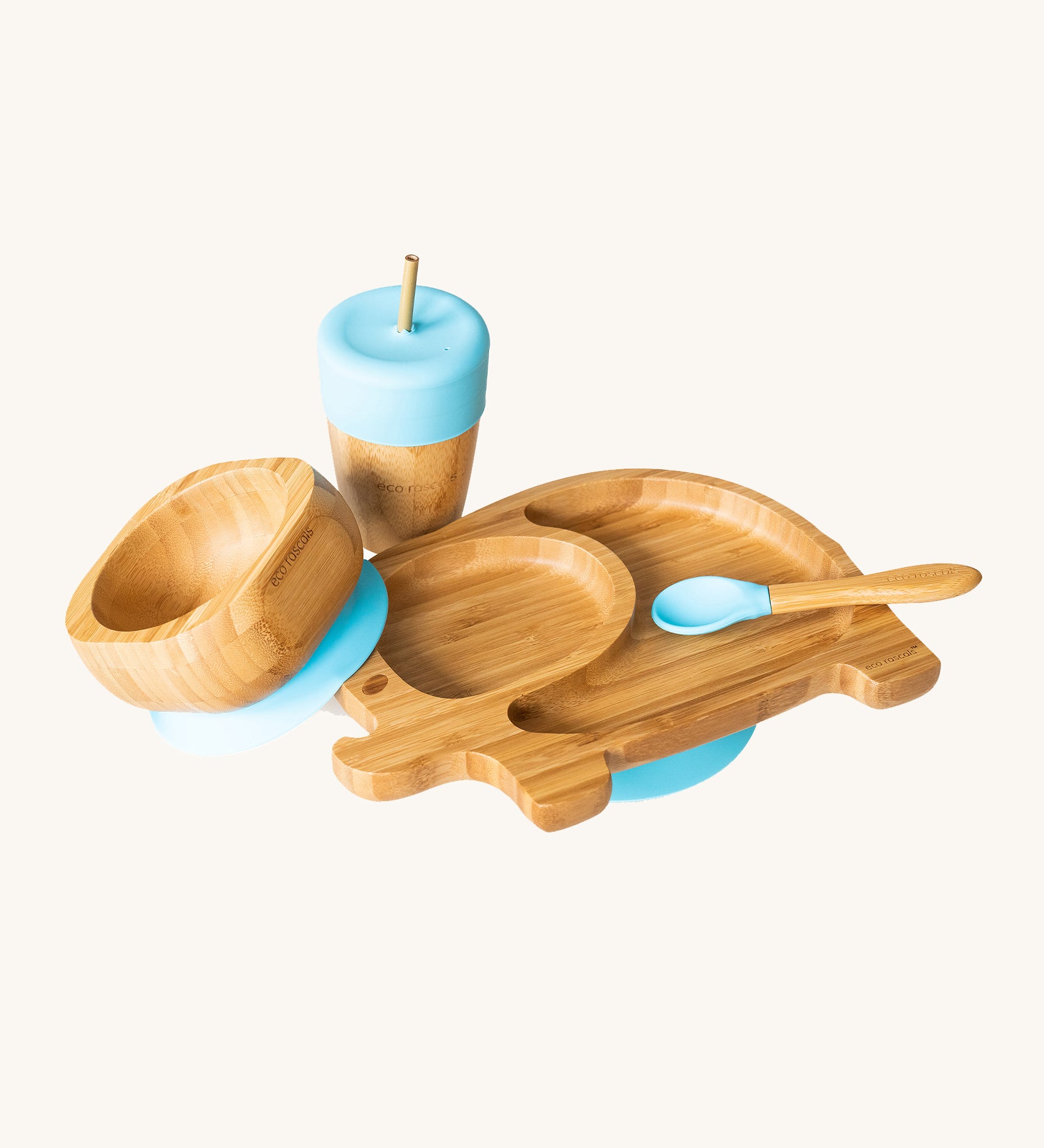 Eco Rascals Elephant Plate Gift Set, a bamboo and silicone baby weaning set including an elephant suction plate, sippy cup and straw, bowl and spoon, with blue silicone. 