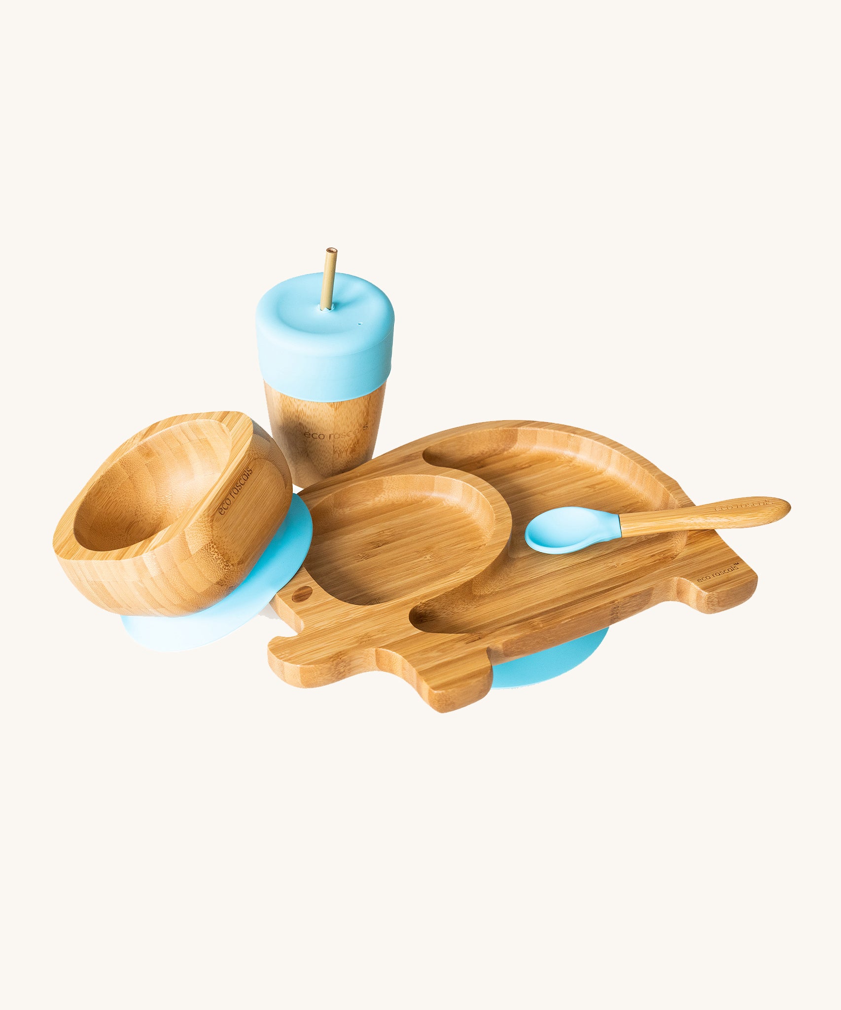 Eco Rascals Elephant Plate Gift Set, a bamboo and silicone baby weaning set including an elephant suction plate, sippy cup and straw, bowl and spoon, with blue silicone. 