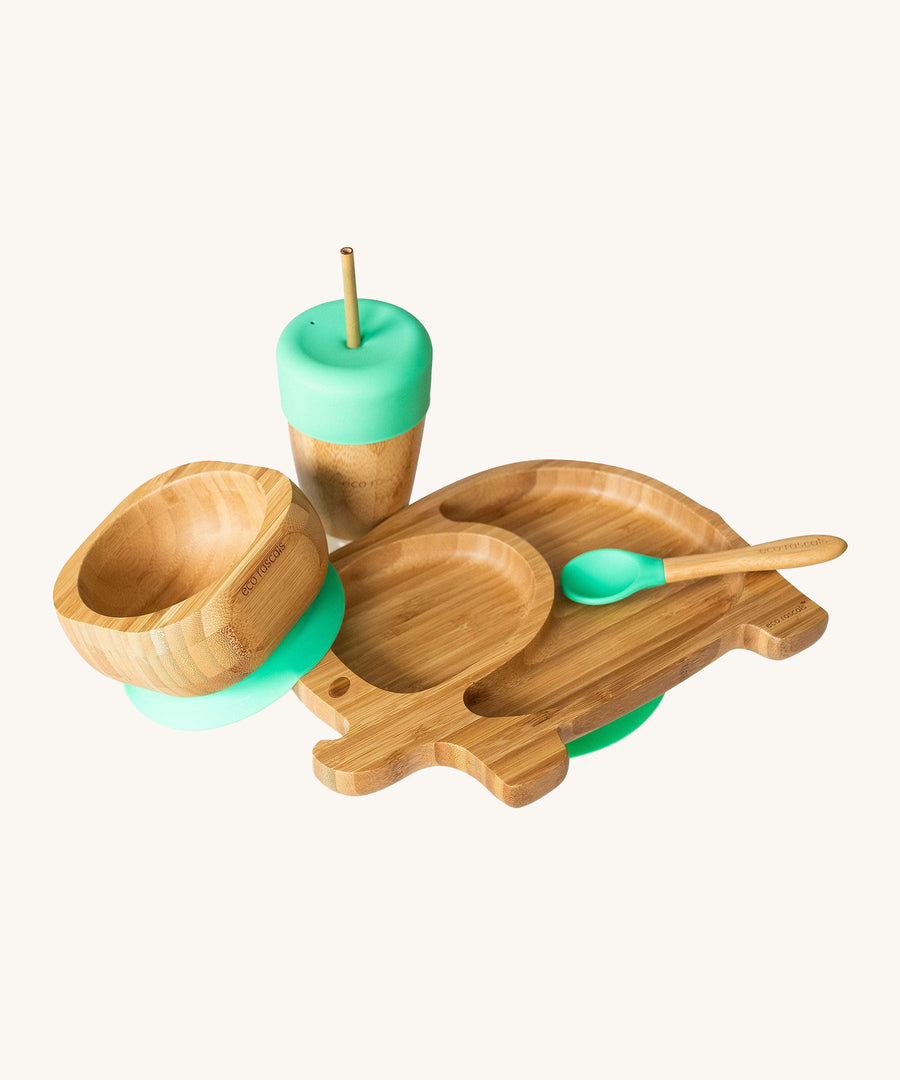 Eco Rascals Elephant Plate Gift Set, a bamboo and silicone baby weaning set including an elephant suction plate, sippy cup and straw, bowl and spoon, with green silicone. 