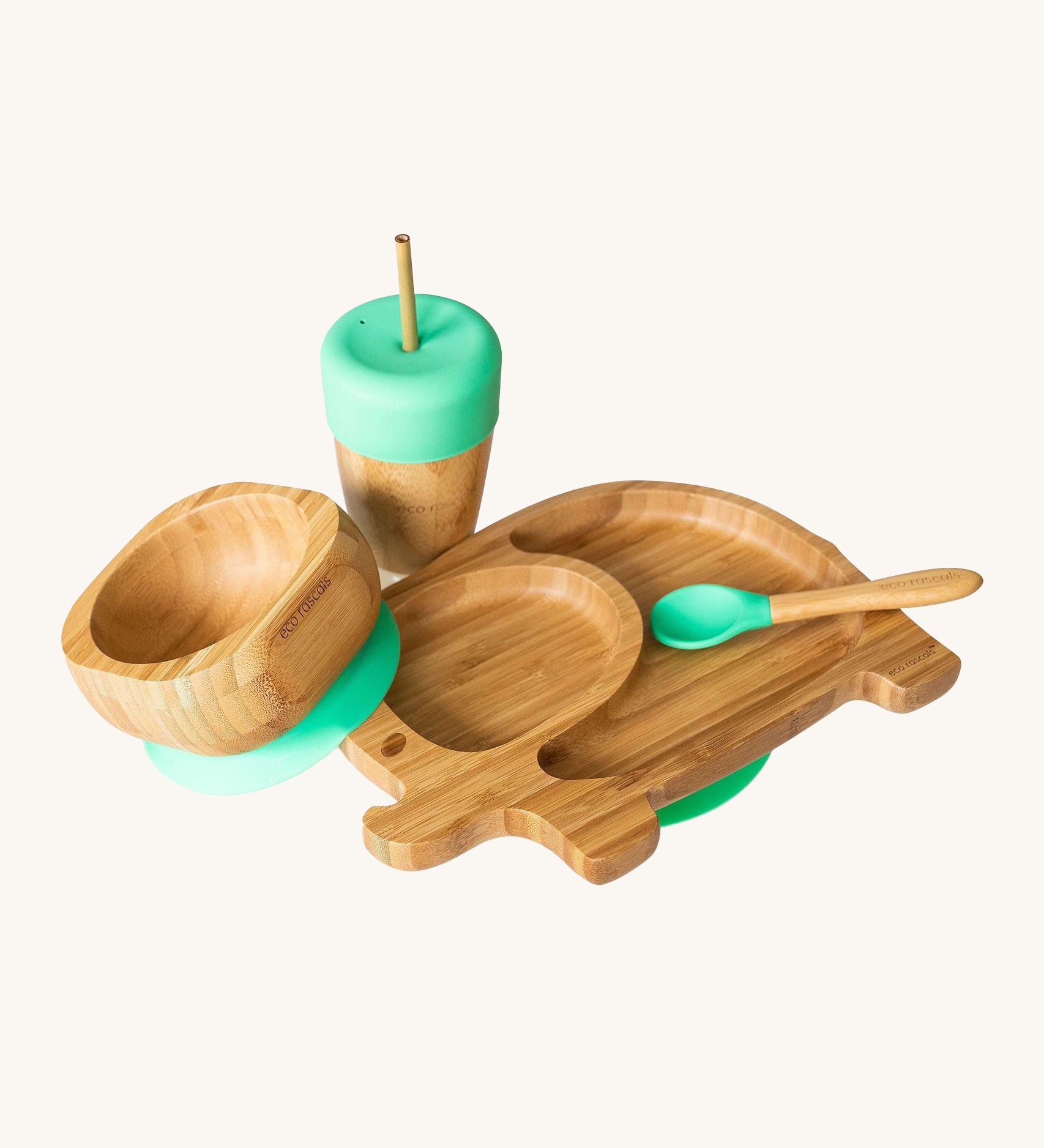 Eco Rascals Elephant Plate Gift Set, a bamboo and silicone baby weaning set including an elephant suction plate, sippy cup and straw, bowl and spoon, with green silicone. 