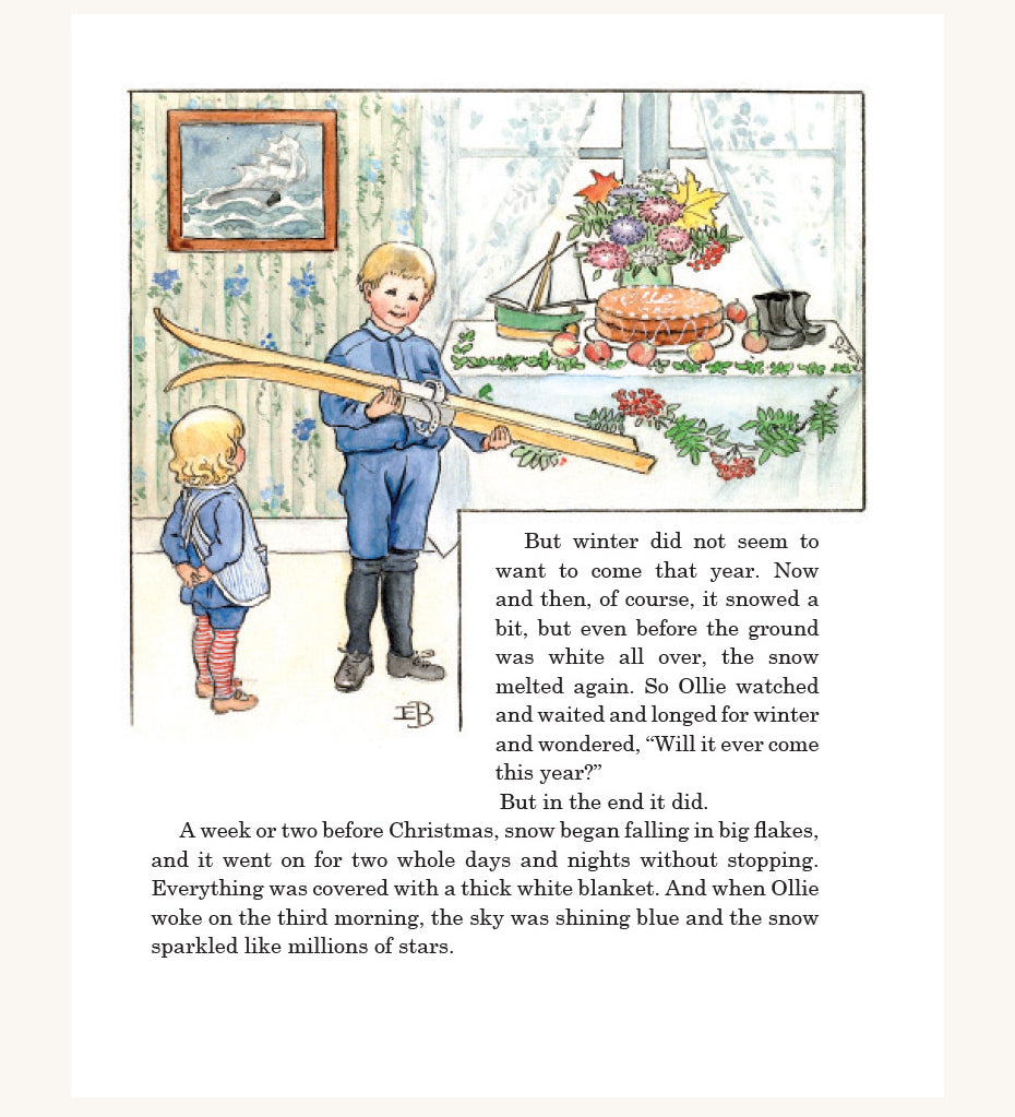 One of the pages inside the children's reading book, Ollie's Ski Trip by Elsa Beskow. The image shows a child with ski's and a smaller child next to them looking on. 