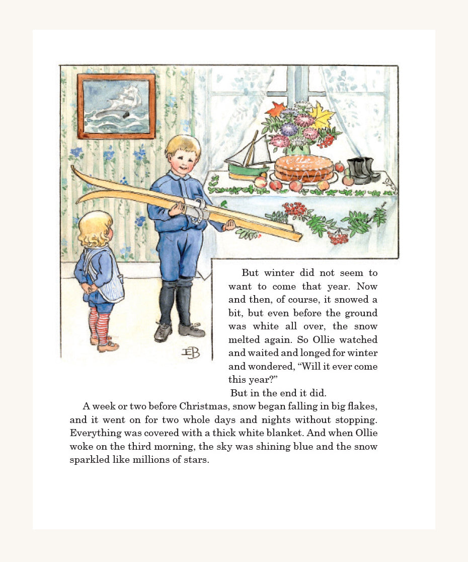 One of the pages inside the children's reading book, Ollie's Ski Trip by Elsa Beskow. The image shows a child with ski's and a smaller child next to them looking on. 