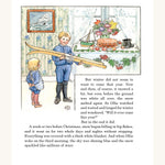 One of the pages inside the children's reading book, Ollie's Ski Trip by Elsa Beskow. The image shows a child with ski's and a smaller child next to them looking on. 