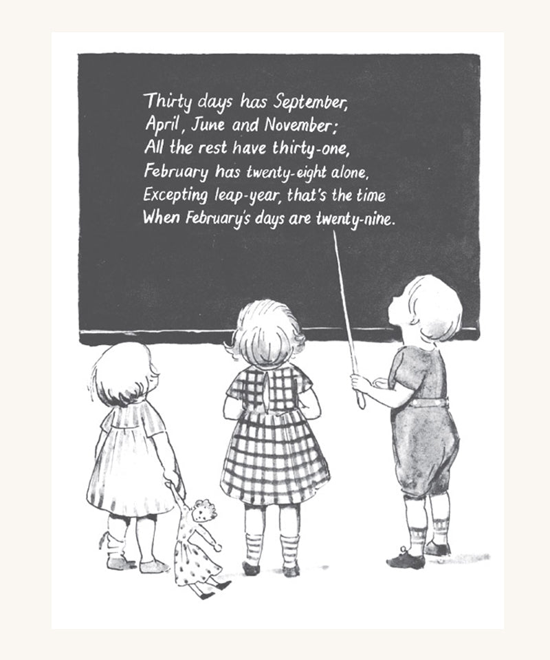 A delightful poem and a black and white illustration on how to remember how many days in a month, showing three children looking up at a blackboard reading the poem written down.