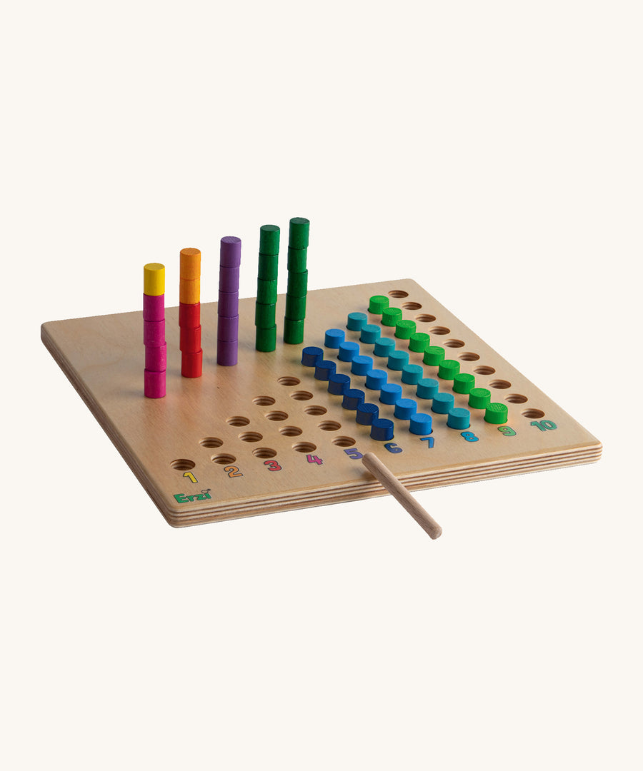 The Erzi Toys Counting Peg Board with the colourful pegs stacked on top of each other.