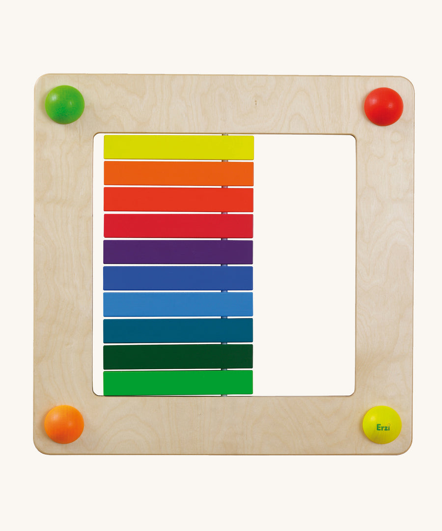 Erzi Sensory Rainbow Panel Wall Board, with the blocks flat. On a cream background