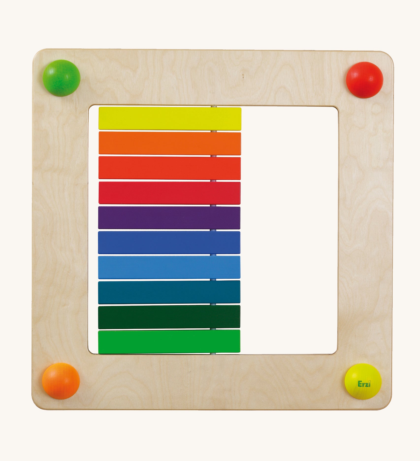 Erzi Sensory Rainbow Panel Wall Board, with the blocks flat. On a cream background