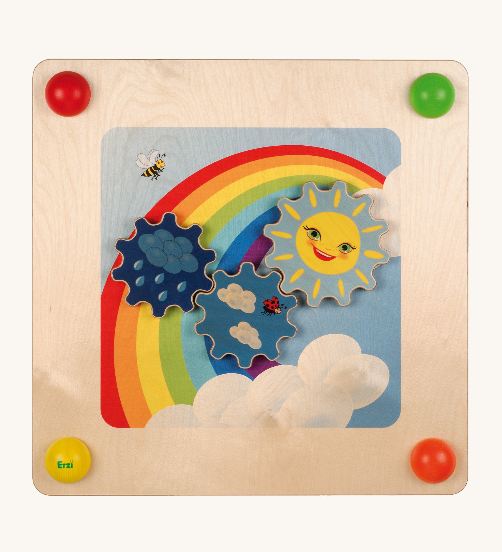 Erzi Sensory Weather Wall Board, showing a moveable sun, cloud and rain cogs, on a rainbow background